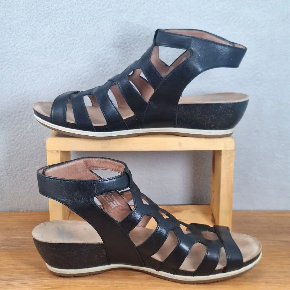 Dansko Valentina Women's 7.5 EU 38 Caged Gladiator Wedge Sandals Black Leather